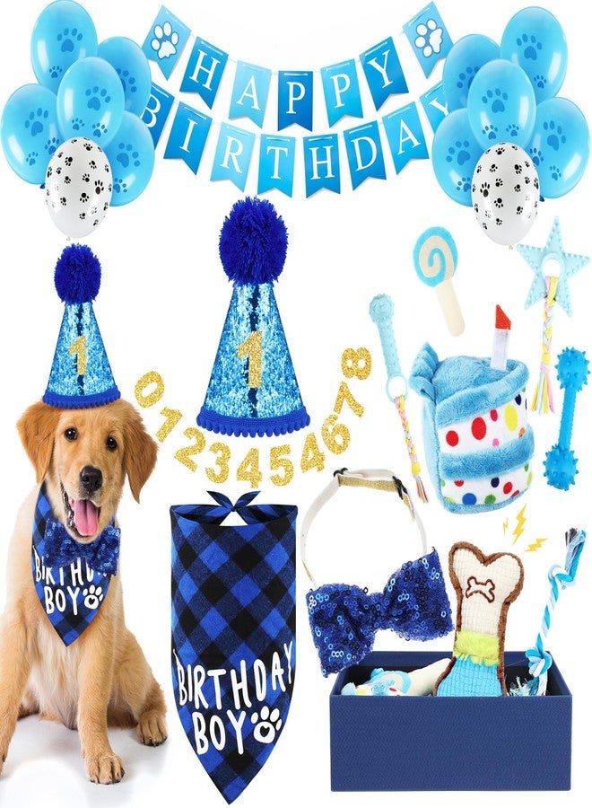 RoundFunny 23 Pcs Dog Birthday Party Supplies Set Birthday Toys Cake Teething Squeak Interactive Decorations with Box for Puppy Small Medium Dog(Blue) - Image 1